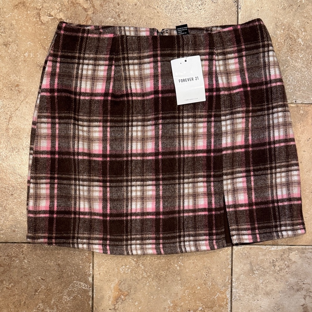Forever 21 Pink and Brown Plaid Mini Skirt - Size Medium